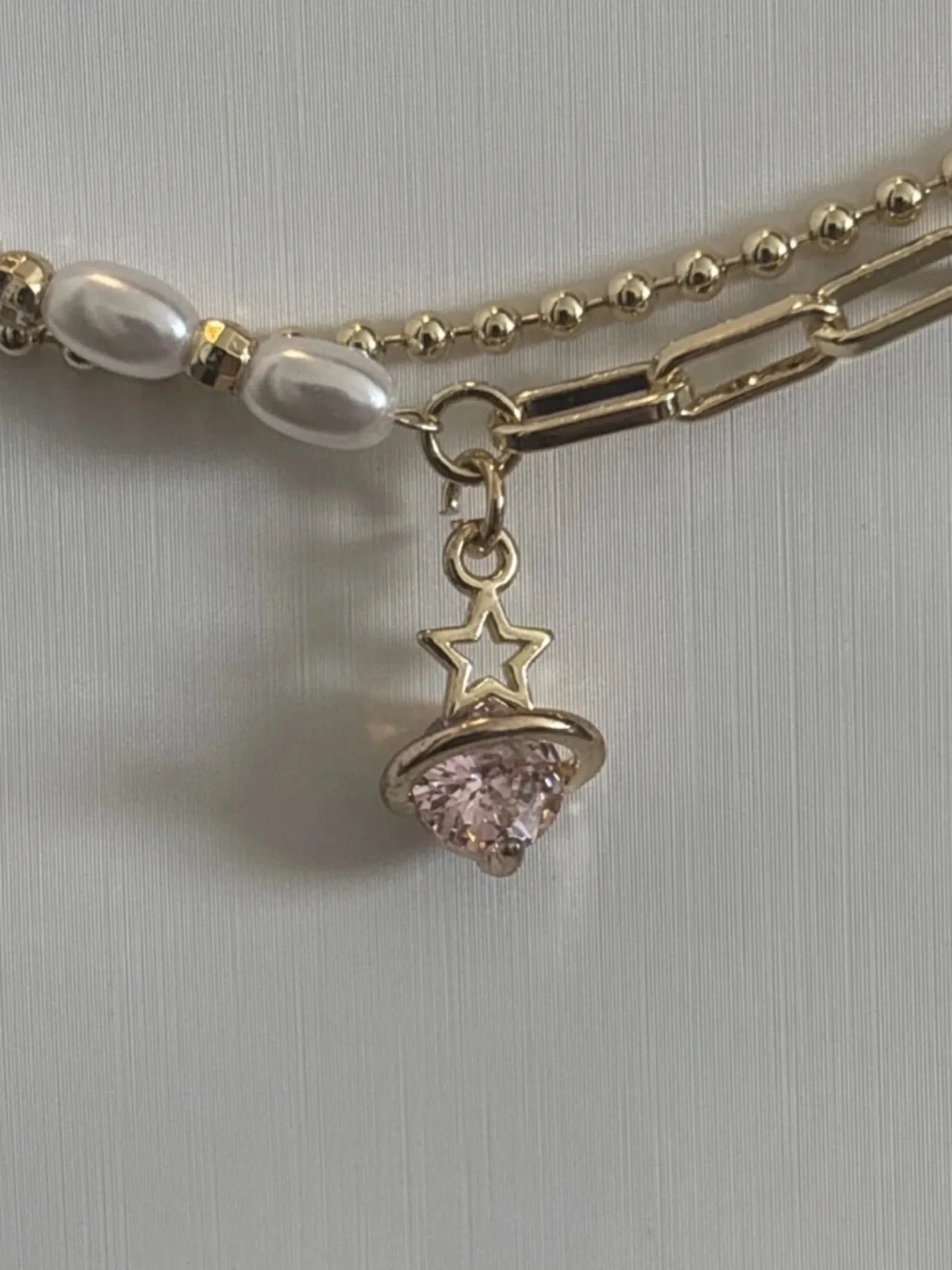 Gold Plated Layered Bracelet Faux Pearl Chain Pink CZ Celestial Charm Adjustable - Picture 3 of 11